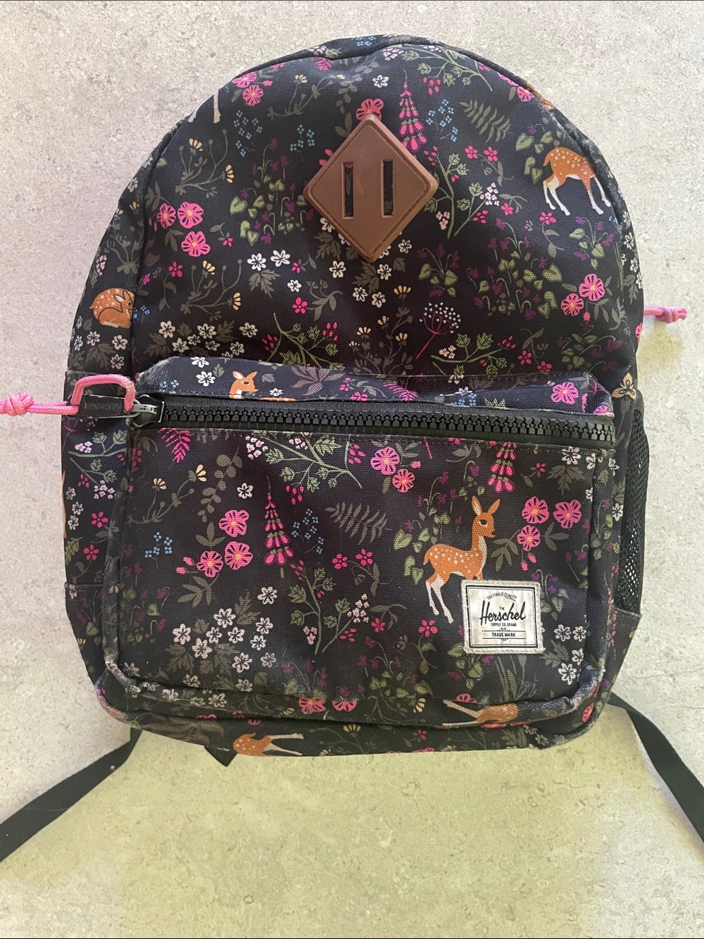 Herschel back to school Floral Deer Print Backpack in Black with Pink Accents